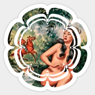 beautiful mythological girl in the forest looking at a rider on horseback Sticker